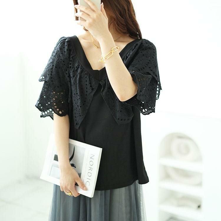 大きいサイズ レディース Vネックカットワークレースブラウス　nh240315 【メール便可】 ブラック