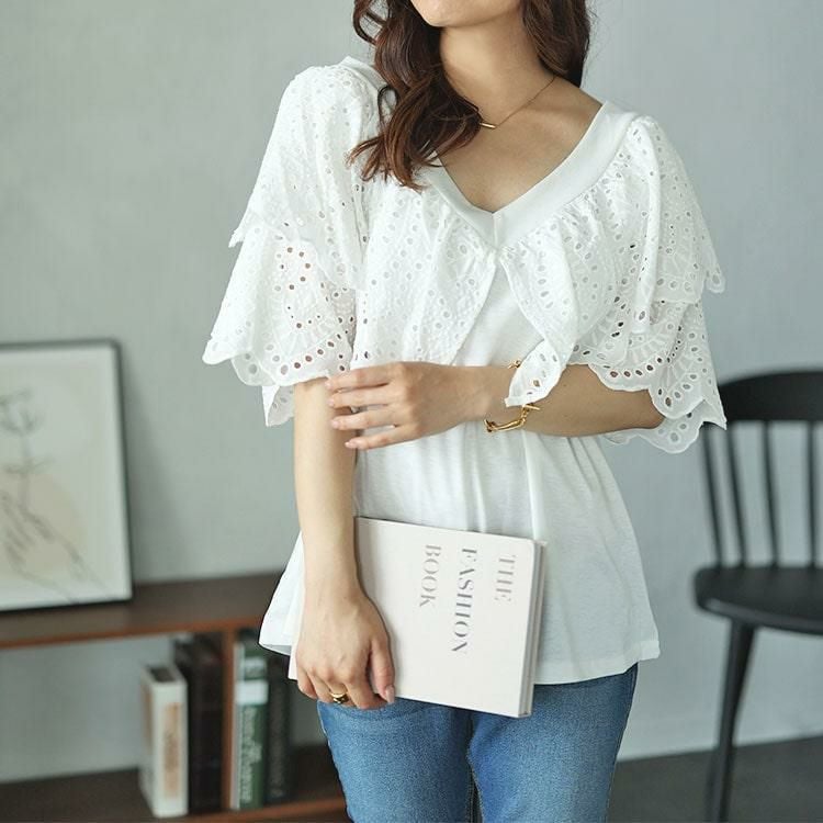 大きいサイズ レディース Vネックカットワークレースブラウス　nh240315 【メール便可】 ホワイト
