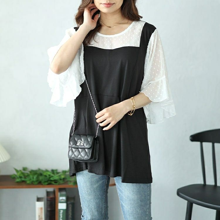 大きいサイズ レディース ドットシアーブラウスドッキングペプラムビスチェトップス　nh240367 【メール便可】