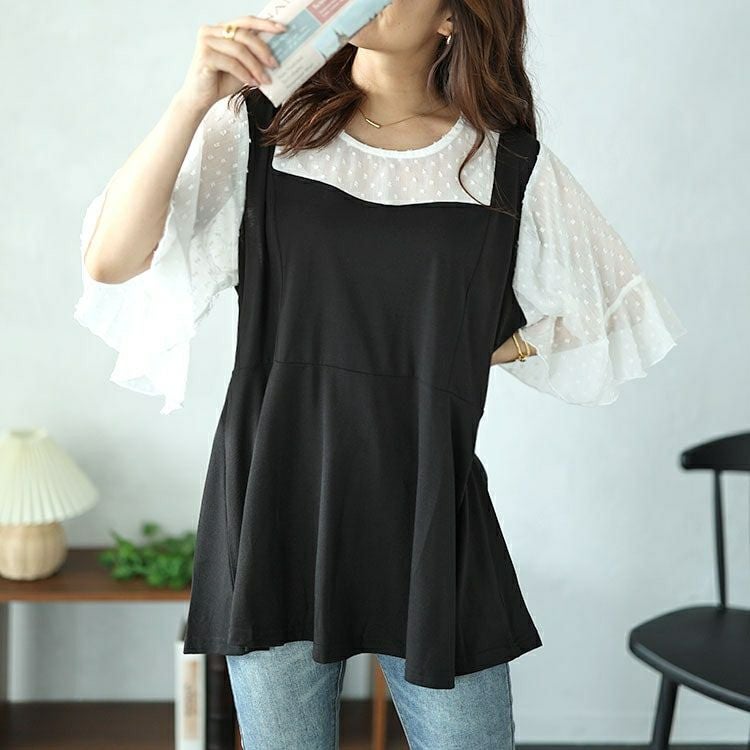 大きいサイズ レディース ドットシアーブラウスドッキングペプラムビスチェトップス　nh240367 【メール便可】