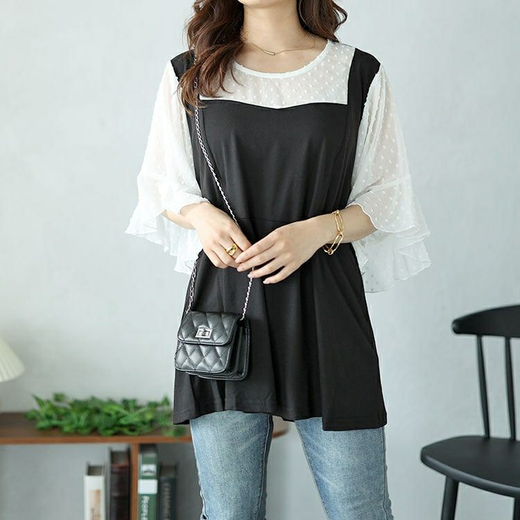 大きいサイズ レディース ドットシアーブラウスドッキングペプラムビスチェトップス　nh240367 【メール便可】