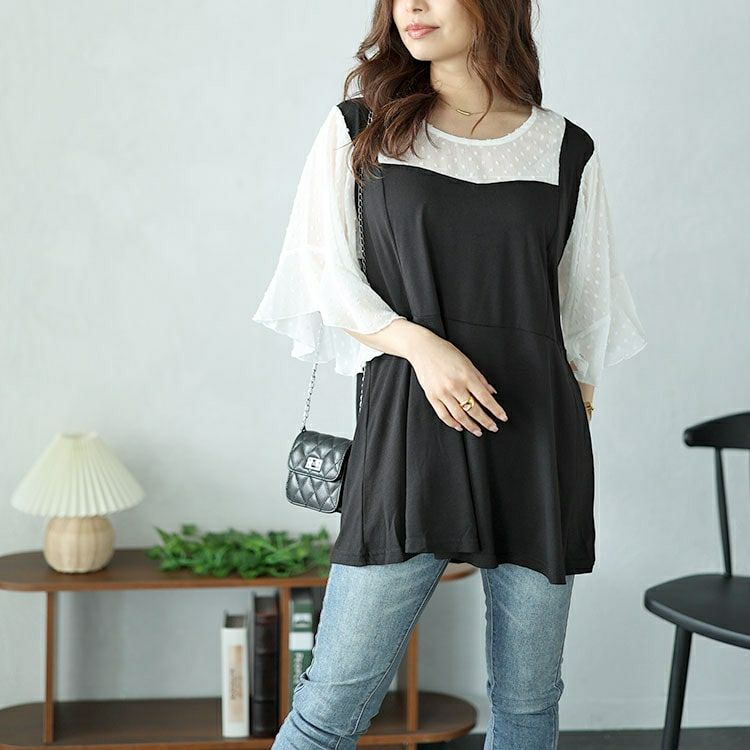 大きいサイズ レディース ドットシアーブラウスドッキングペプラムビスチェトップス　nh240367 【メール便可】