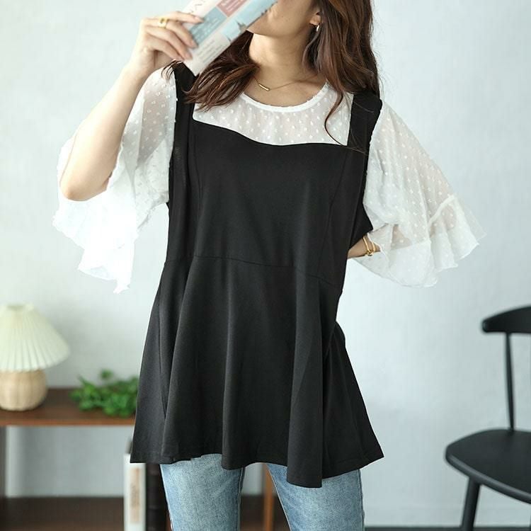 大きいサイズ レディース ドットシアーブラウスドッキングペプラムビスチェトップス　nh240367 【メール便可】 ブラック
