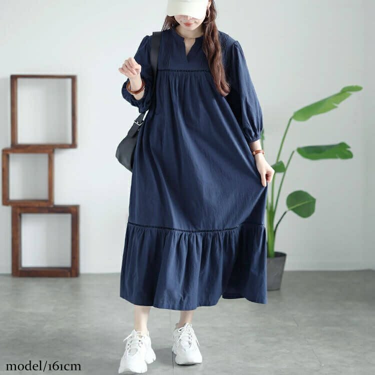 大きいサイズ レディース ピンタックコットンティアードワンピース　maru-30015