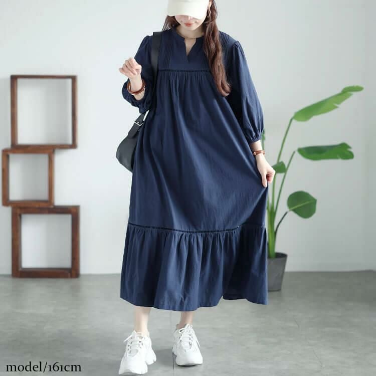 大きいサイズ レディース ピンタックコットンティアードワンピース　maru-30015 ネイビー
