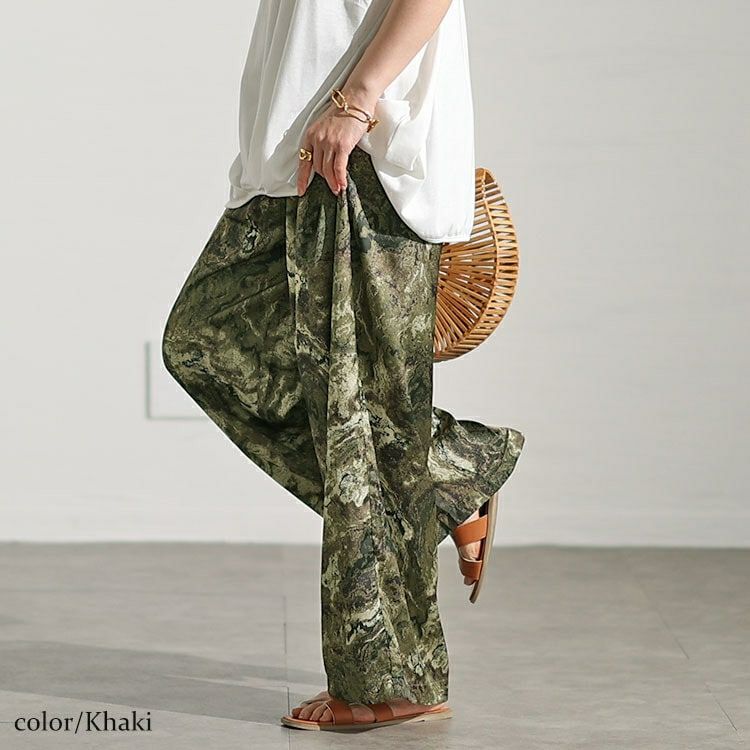 大きいサイズ レディース ニュアンス柄ワイドパンツ　maru-30034 【メール便可】