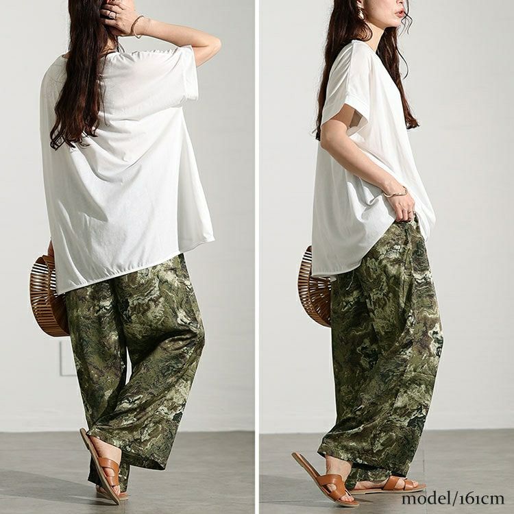 大きいサイズ レディース ニュアンス柄ワイドパンツ　maru-30034 【メール便可】