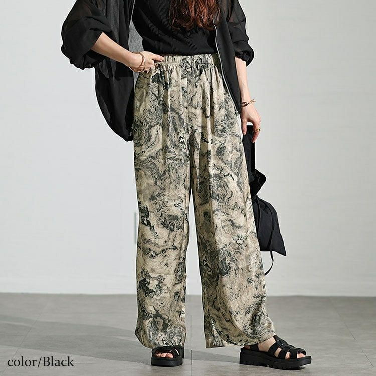大きいサイズ レディース ニュアンス柄ワイドパンツ　maru-30034 【メール便可】
