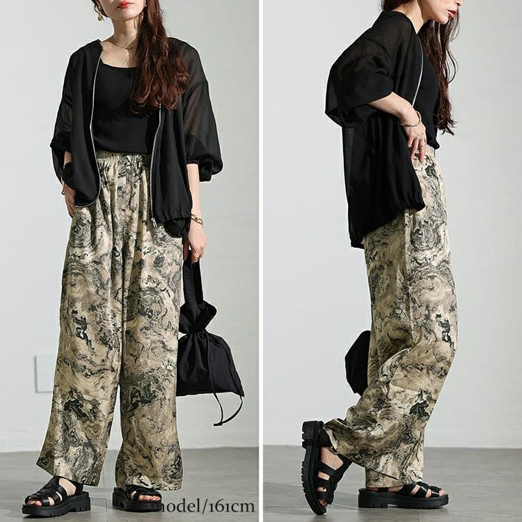 大きいサイズ レディース ニュアンス柄ワイドパンツ　maru-30034 【メール便可】