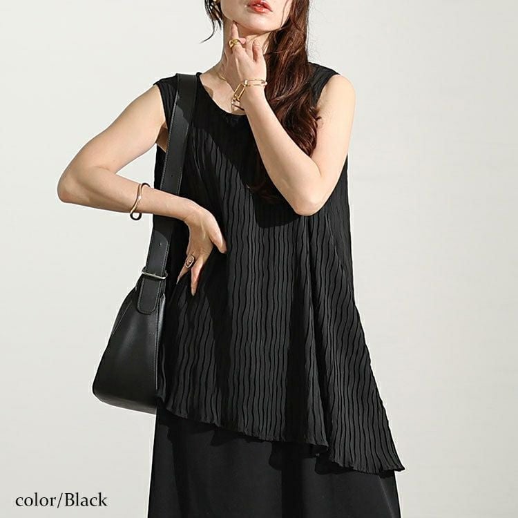 大きいサイズ レディース プリーツイレギュラーヘムレイヤードノースリーブワンピース　maru-30006