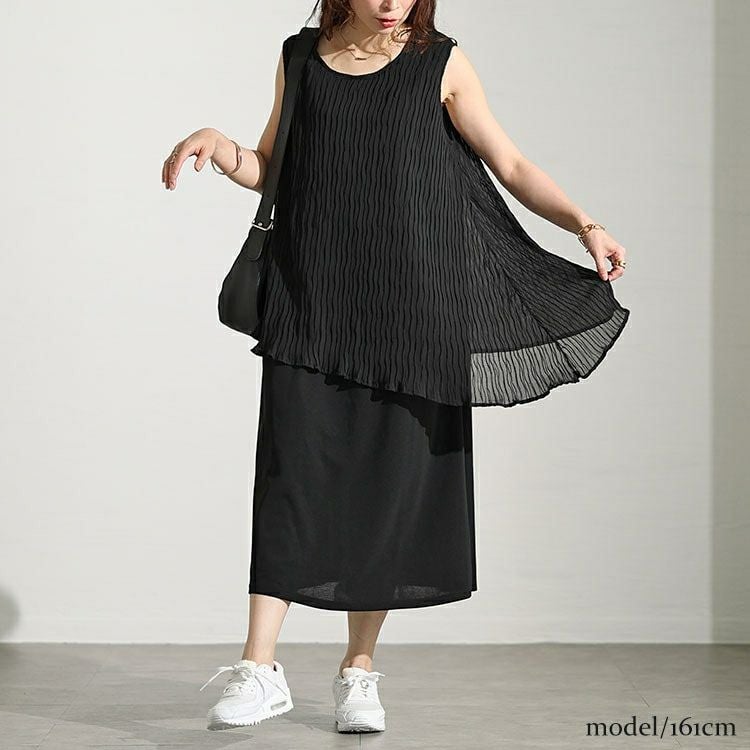 大きいサイズ レディース プリーツイレギュラーヘムレイヤードノースリーブワンピース　maru-30006