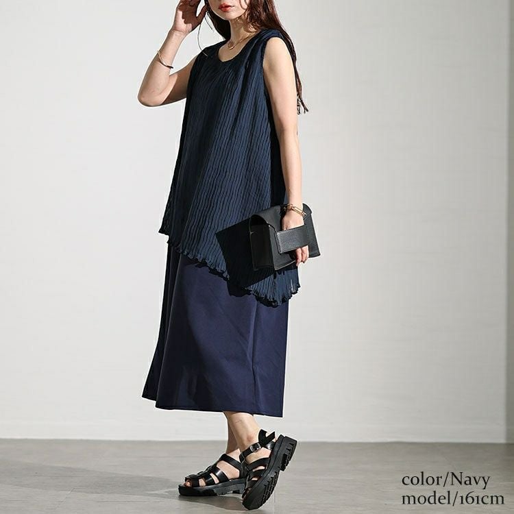 大きいサイズ レディース プリーツイレギュラーヘムレイヤードノースリーブワンピース　maru-30006