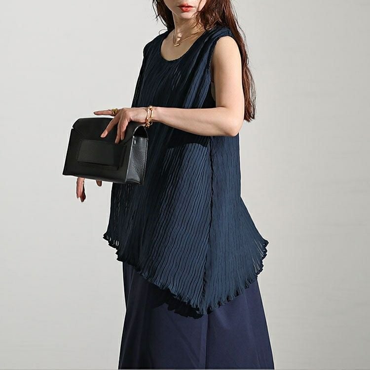 大きいサイズ レディース プリーツイレギュラーヘムレイヤードノースリーブワンピース　maru-30006