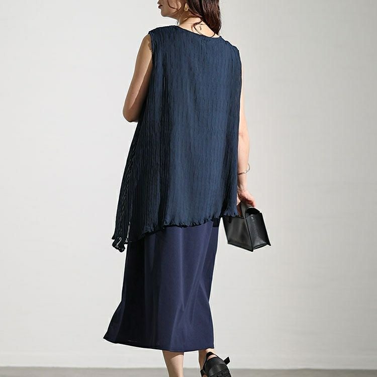 大きいサイズ レディース プリーツイレギュラーヘムレイヤードノースリーブワンピース　maru-30006