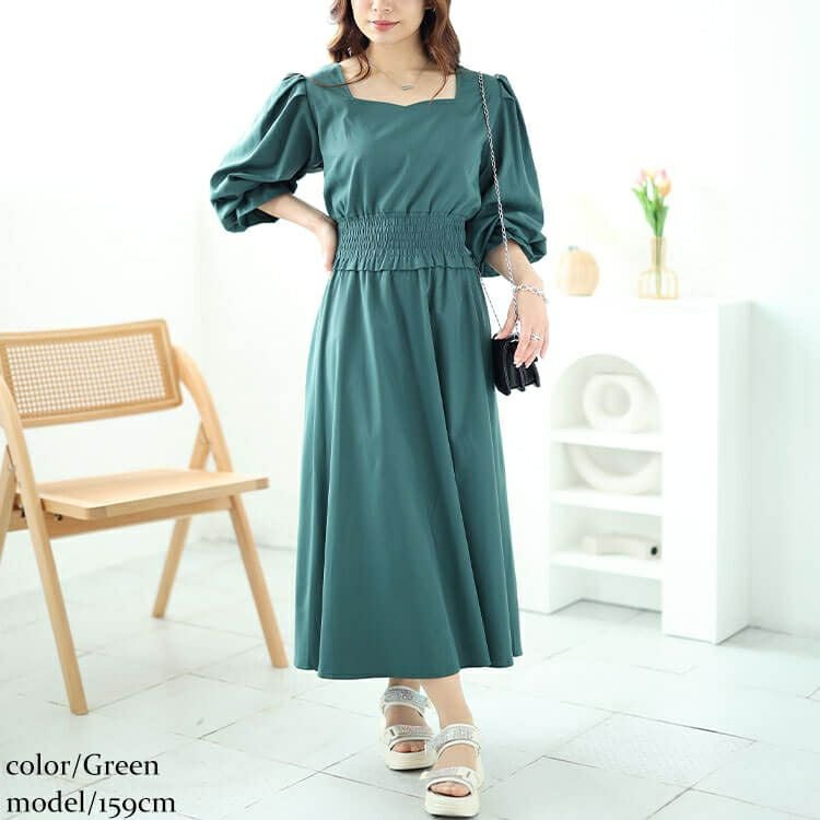 大きいサイズ レディース ハートネックウエストシャーリングワンピース　fem-487