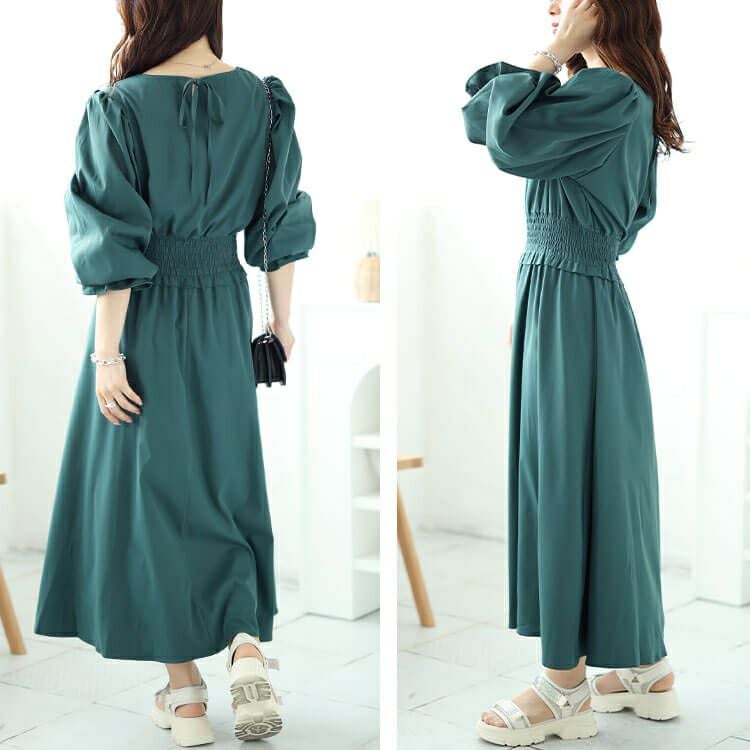 大きいサイズ レディース ハートネックウエストシャーリングワンピース　fem-487