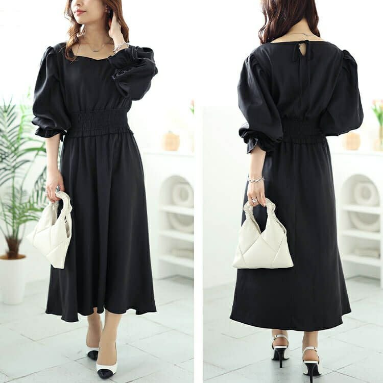 大きいサイズ レディース ハートネックウエストシャーリングワンピース　fem-487