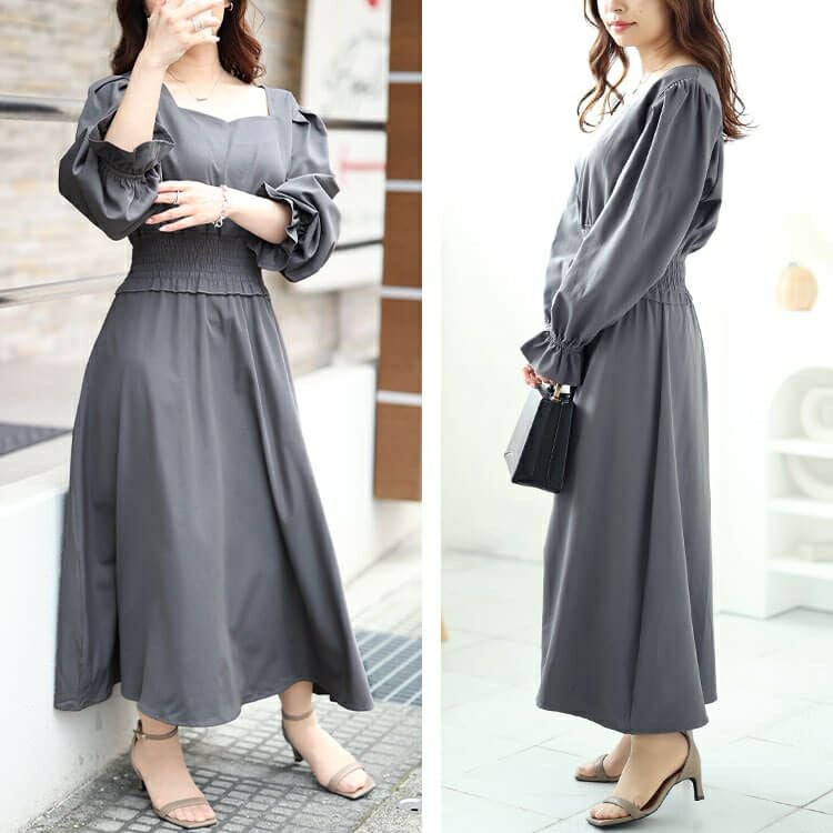 大きいサイズ レディース ハートネックウエストシャーリングワンピース　fem-487