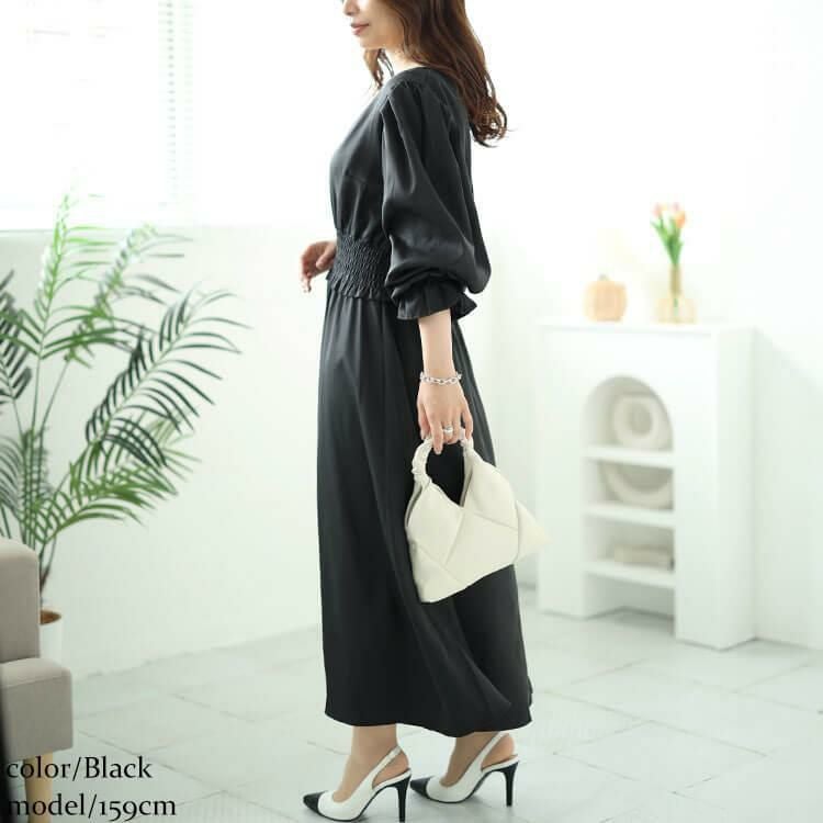 大きいサイズ レディース ハートネックウエストシャーリングワンピース　fem-487 ブラック