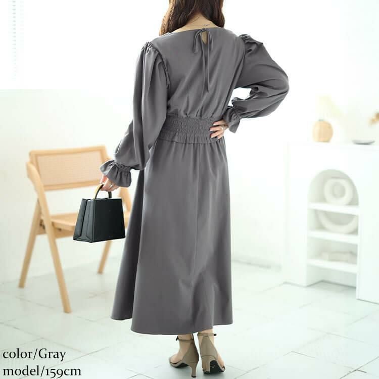 大きいサイズ レディース ハートネックウエストシャーリングワンピース　fem-487 グレー