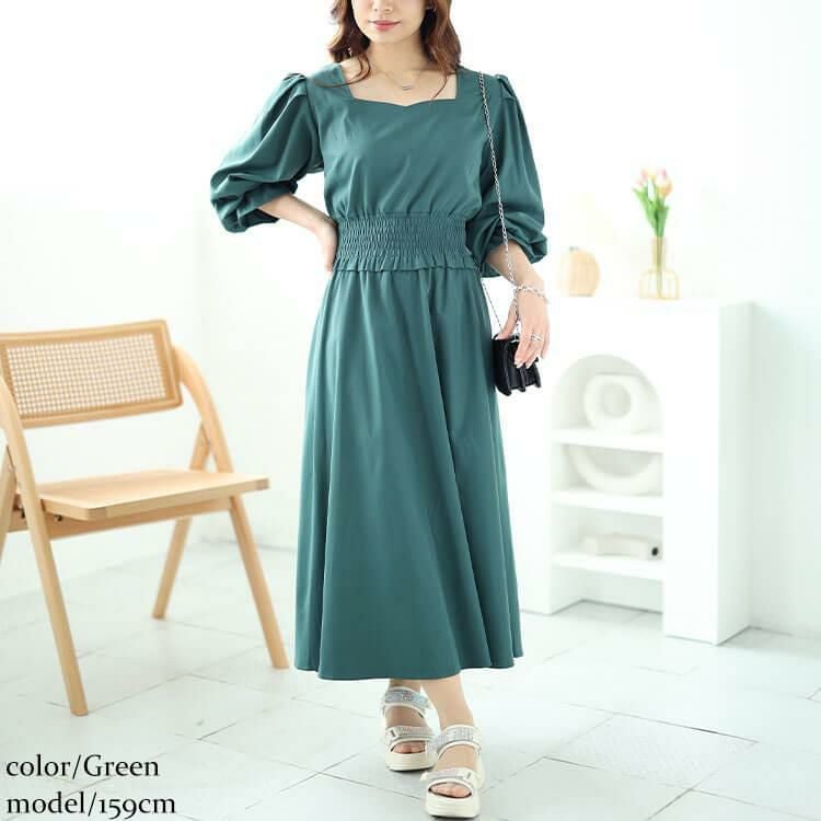 大きいサイズ レディース ハートネックウエストシャーリングワンピース　fem-487 グリーン