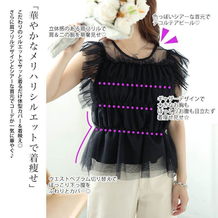 大きいサイズ レディース チュールシャーリングペプラムトップス　ch-2013