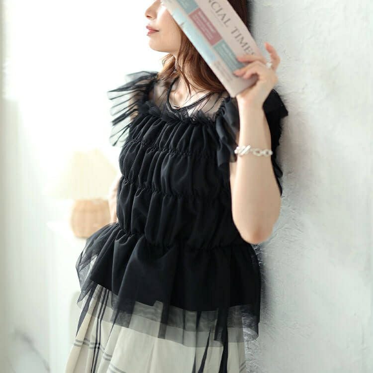 大きいサイズ レディース チュールシャーリングペプラムトップス　ch-2013