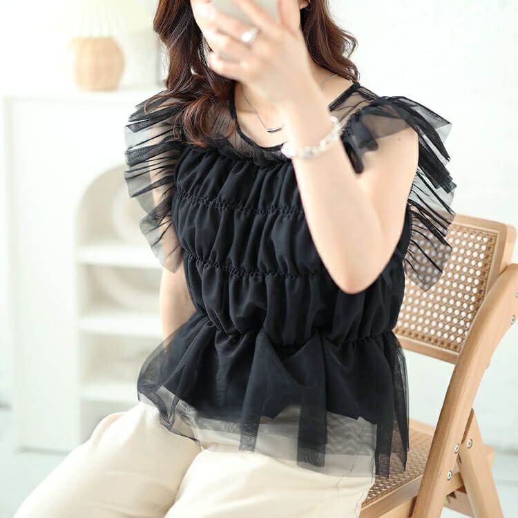 大きいサイズ レディース チュールシャーリングペプラムトップス　ch-2013