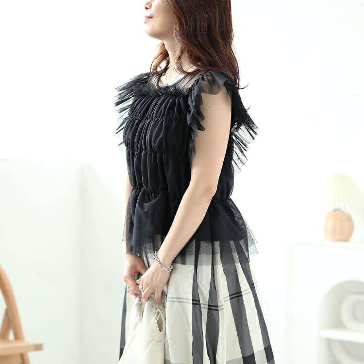 大きいサイズ レディース チュールシャーリングペプラムトップス　ch-2013