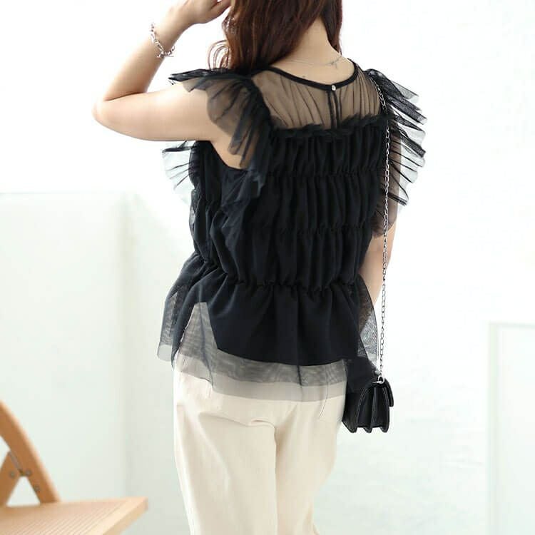 大きいサイズ レディース チュールシャーリングペプラムトップス　ch-2013