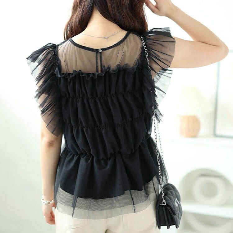 大きいサイズ レディース チュールシャーリングペプラムトップス　ch-2013
