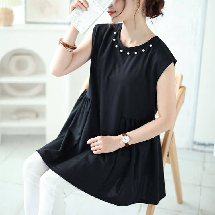 大きいサイズ レディース パール付きバックリボンペプラムチュニック　ch-2012