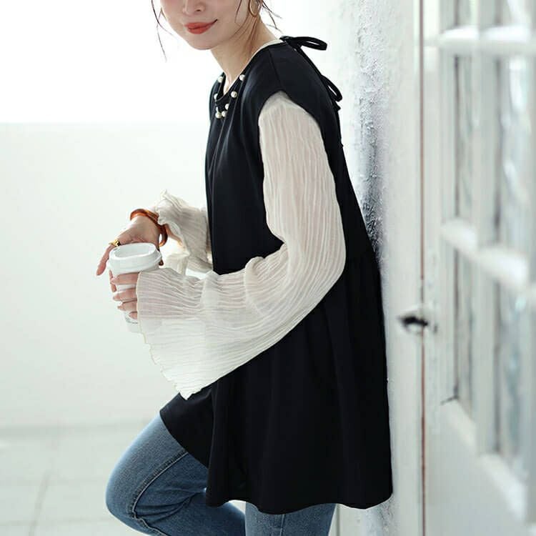 大きいサイズ レディース パール付きバックリボンペプラムチュニック　ch-2012