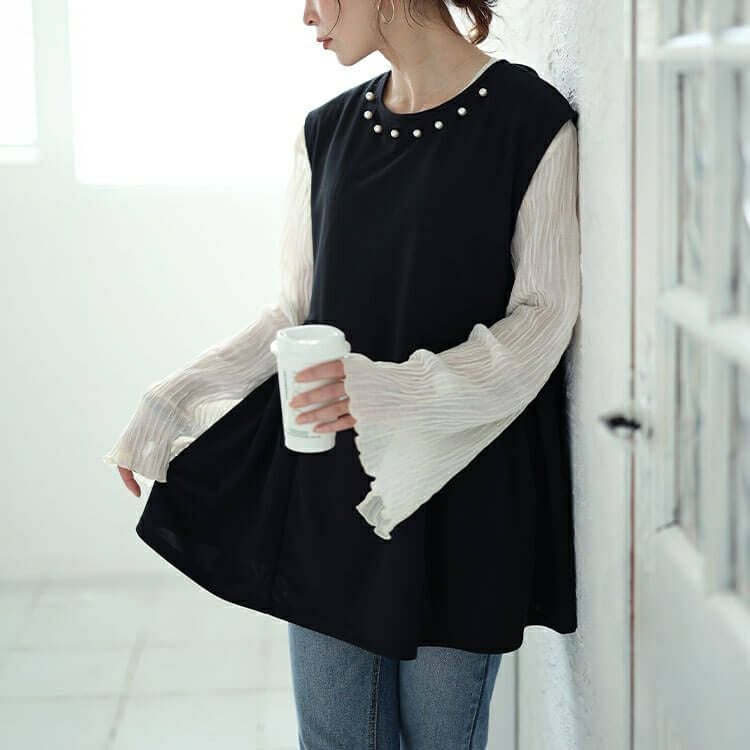 大きいサイズ レディース パール付きバックリボンペプラムチュニック　ch-2012