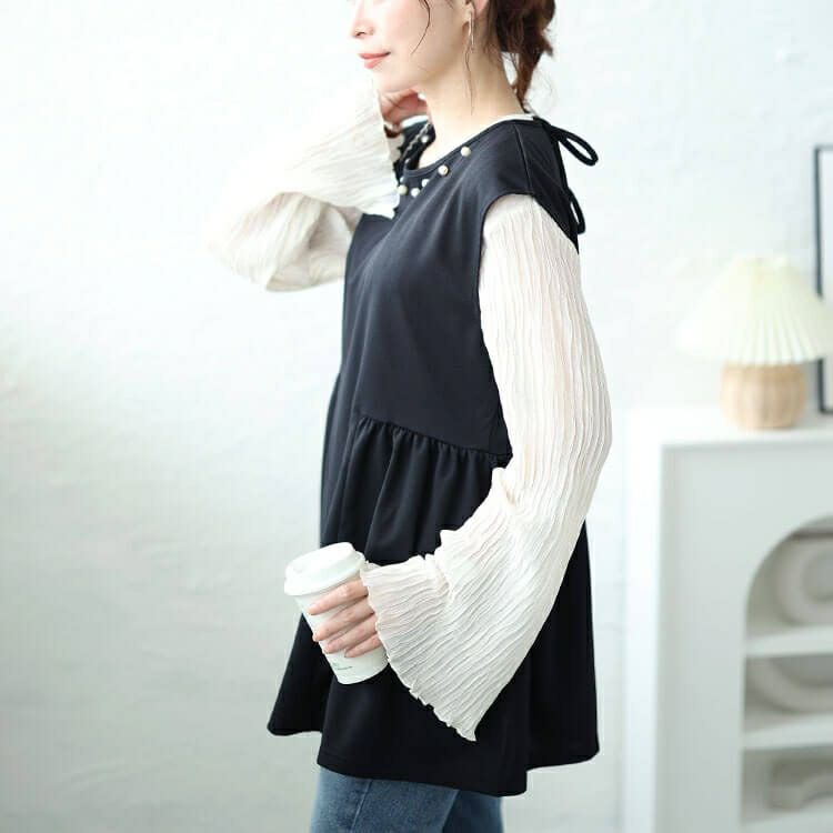 大きいサイズ レディース パール付きバックリボンペプラムチュニック　ch-2012