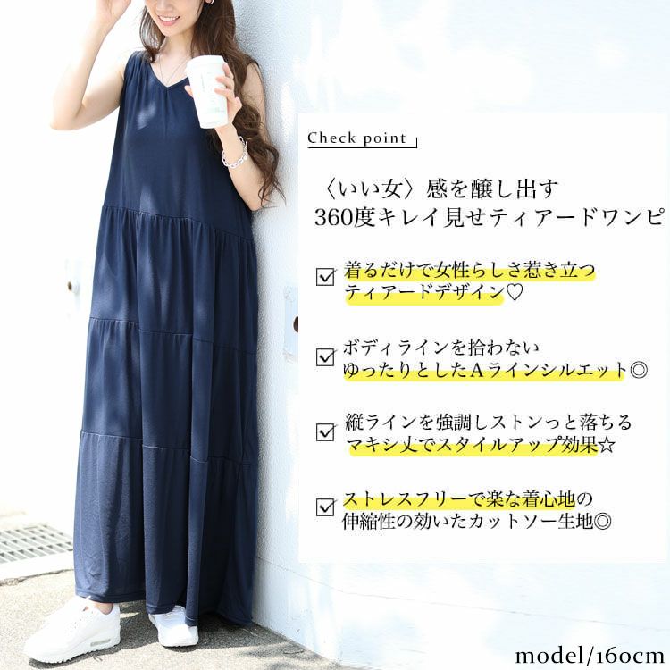 大きいサイズ レディース Vネックノースリーブティアードワンピース　cast-5544049