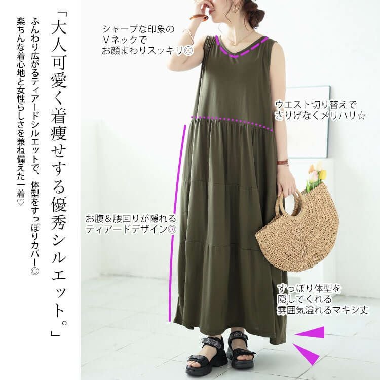 大きいサイズ レディース Vネックノースリーブティアードワンピース　cast-5544049