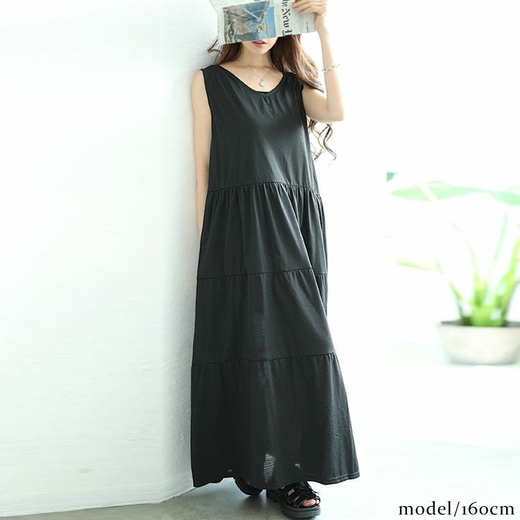 大きいサイズ レディース Vネックノースリーブティアードワンピース　cast-5544049
