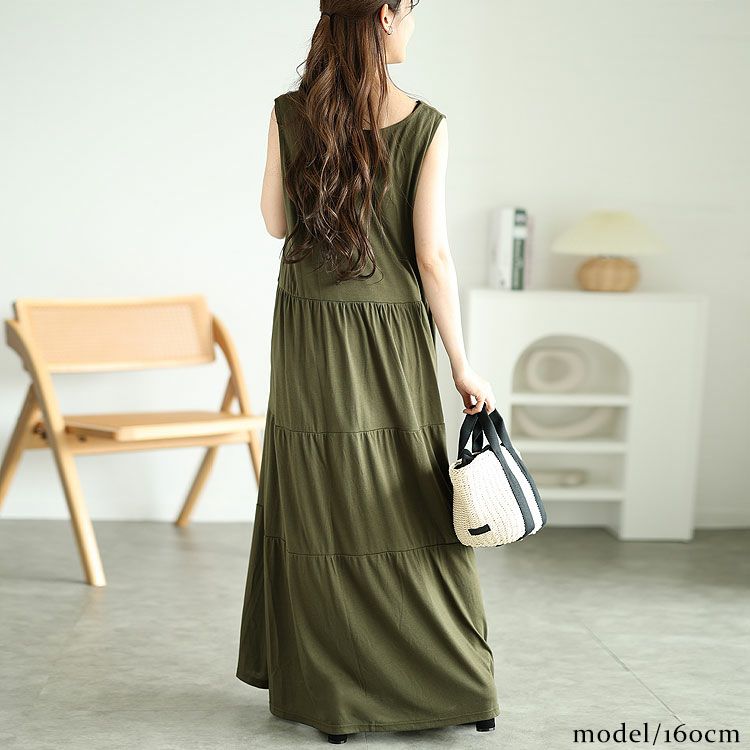 大きいサイズ レディース Vネックノースリーブティアードワンピース　cast-5544049