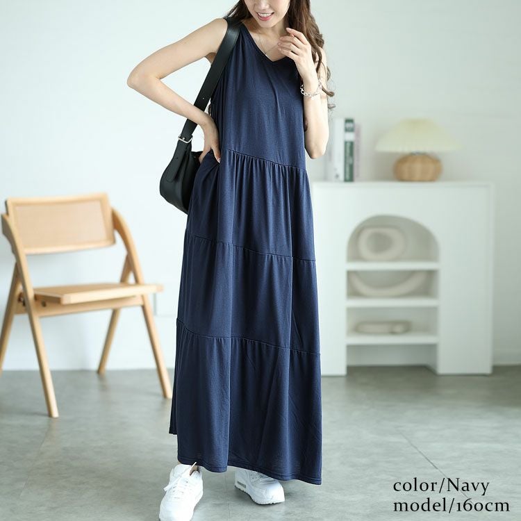 大きいサイズ レディース Vネックノースリーブティアードワンピース　cast-5544049