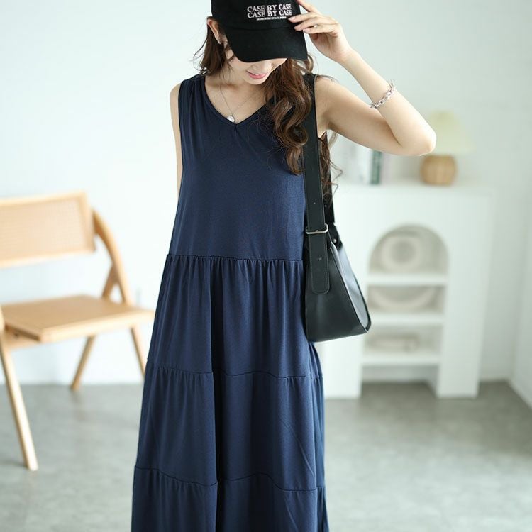 大きいサイズ レディース Vネックノースリーブティアードワンピース　cast-5544049