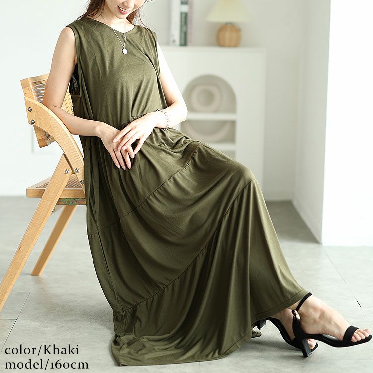 大きいサイズ レディース Vネックノースリーブティアードワンピース　cast-5544049