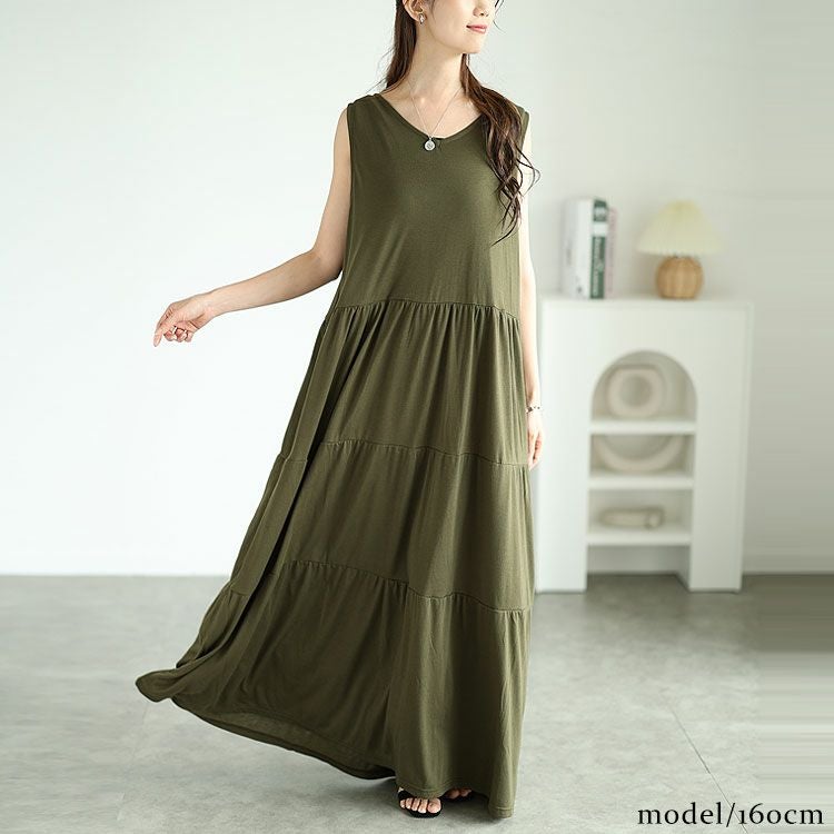 大きいサイズ レディース Vネックノースリーブティアードワンピース　cast-5544049