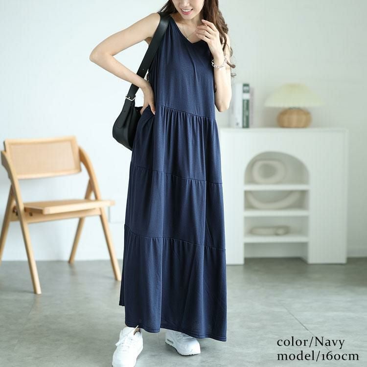大きいサイズ レディース Vネックノースリーブティアードワンピース　cast-5544049 ネイビー
