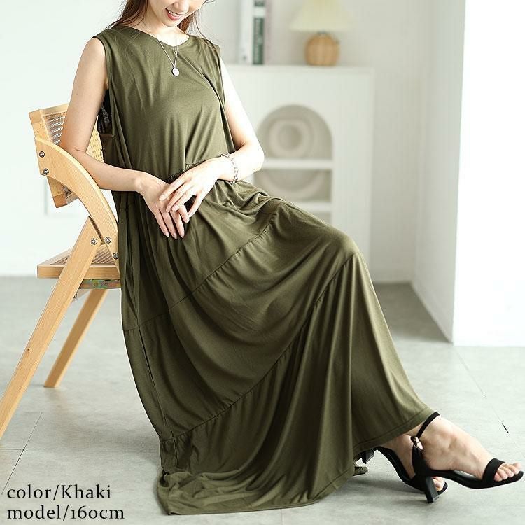 大きいサイズ レディース Vネックノースリーブティアードワンピース　cast-5544049 カーキ