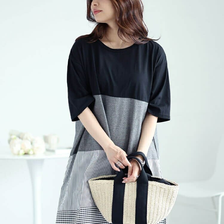 大きいサイズ レディース 異素材切り替えワンピース　cast-5544048 【メール便可】