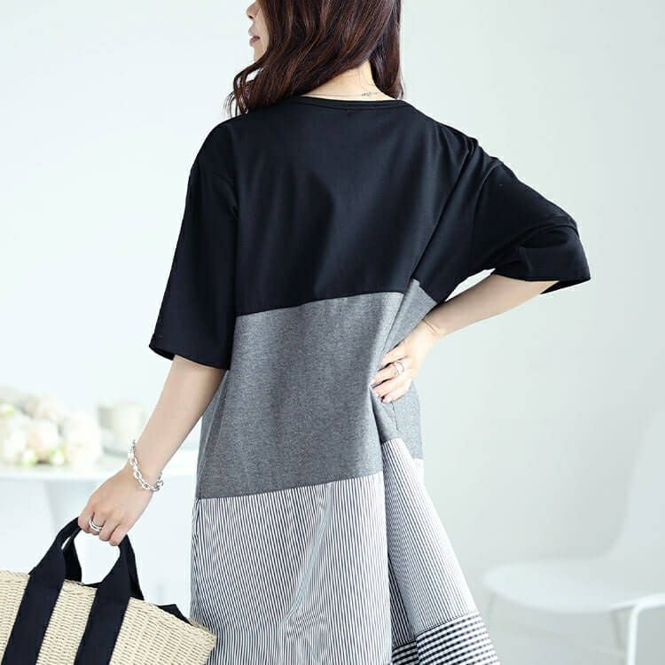 大きいサイズ レディース 異素材切り替えワンピース　cast-5544048 【メール便可】