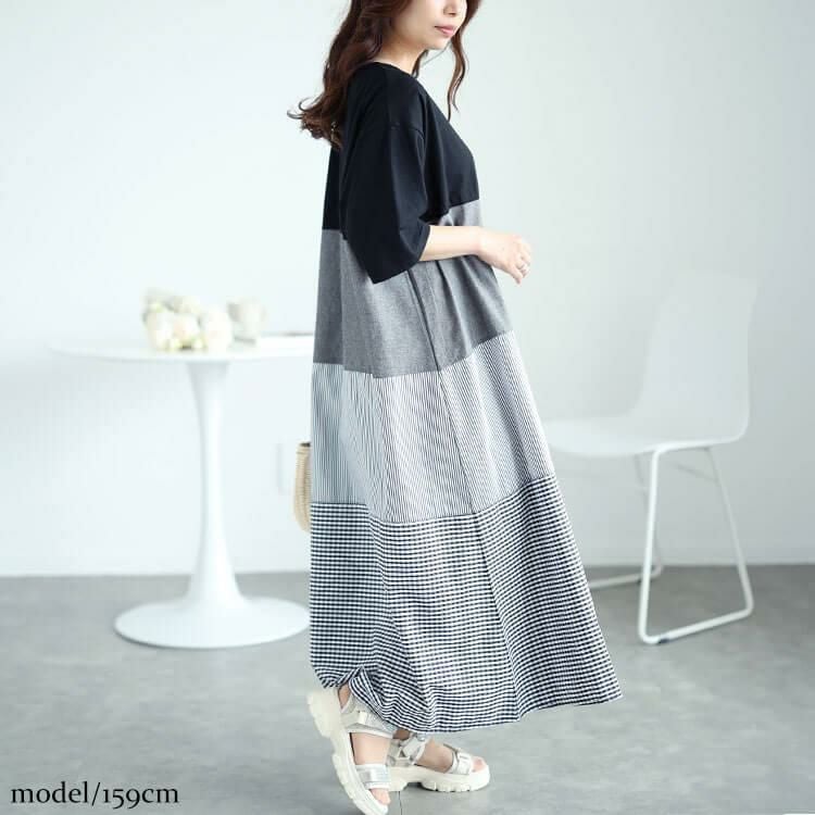 大きいサイズ レディース 異素材切り替えワンピース　cast-5544048 【メール便可】 ブラック