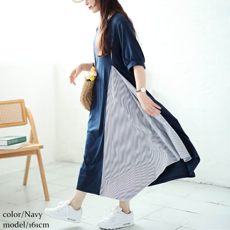 大きいサイズ レディース ストライプ切り替えアシンメトリーワンピース　cast-5544047