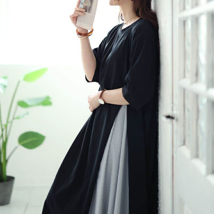 大きいサイズ レディース ストライプ切り替えアシンメトリーワンピース　cast-5544047